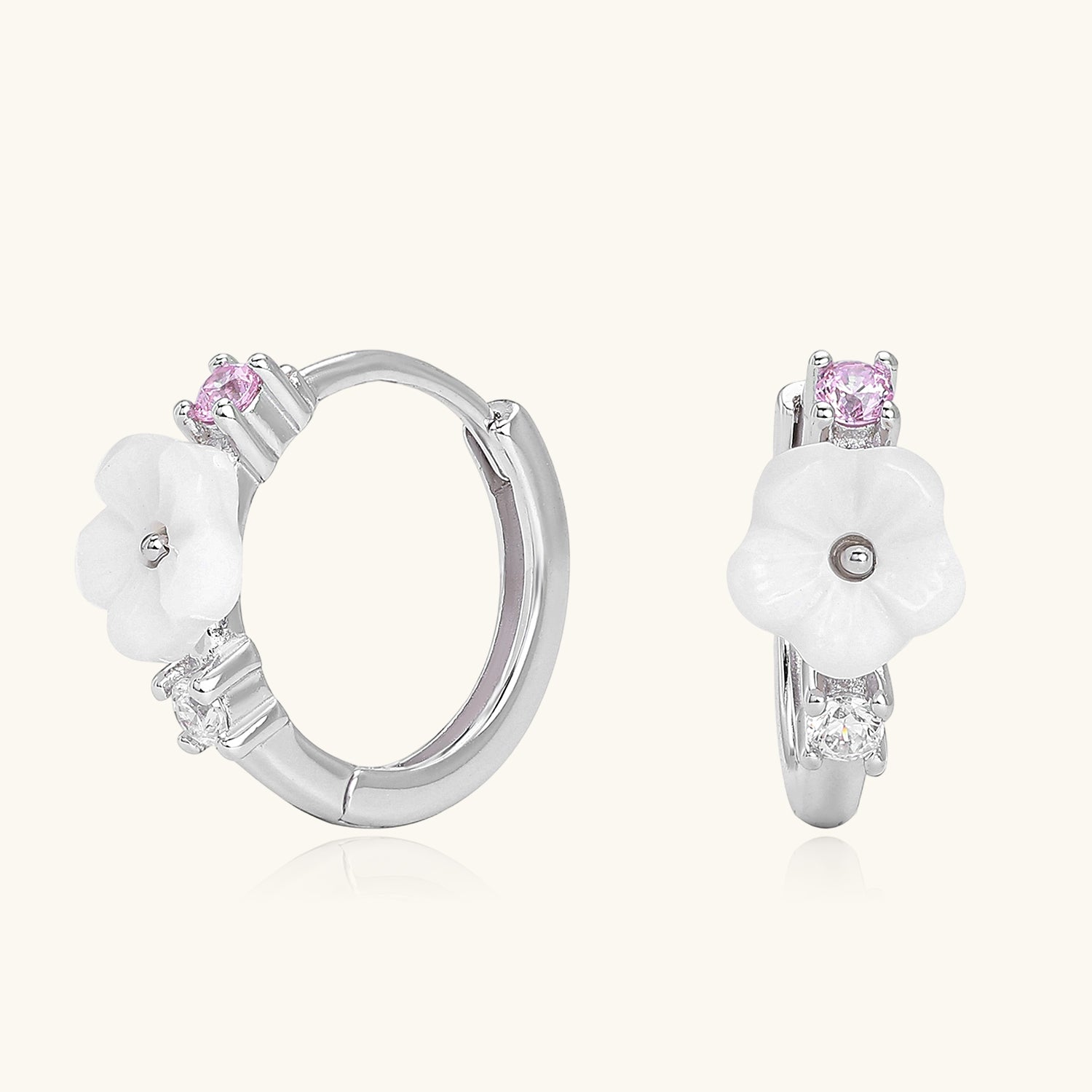 Diamond Flower Huggie Hoop Earrings - Silver