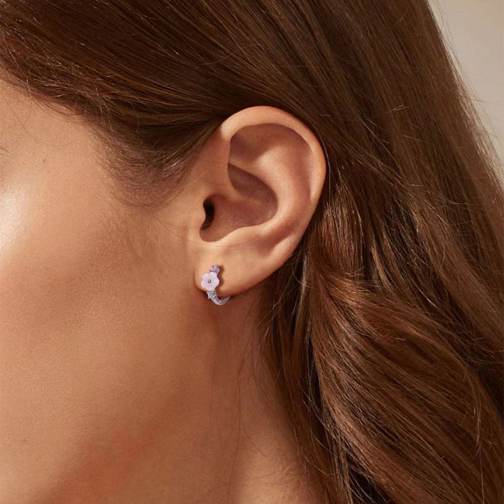 Diamond Flower Huggie Hoop Earrings - Silver