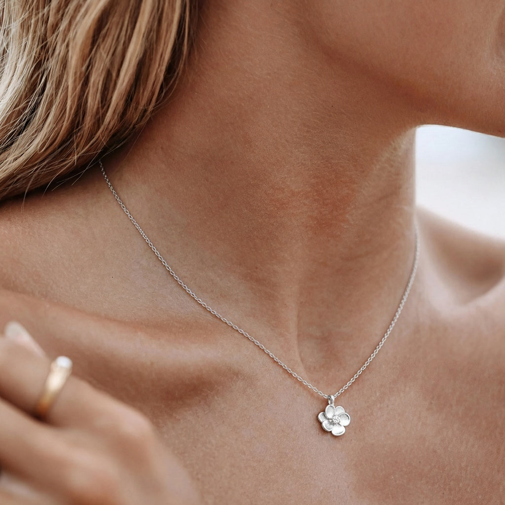 Diamond Flower Pendant Necklace - Silver