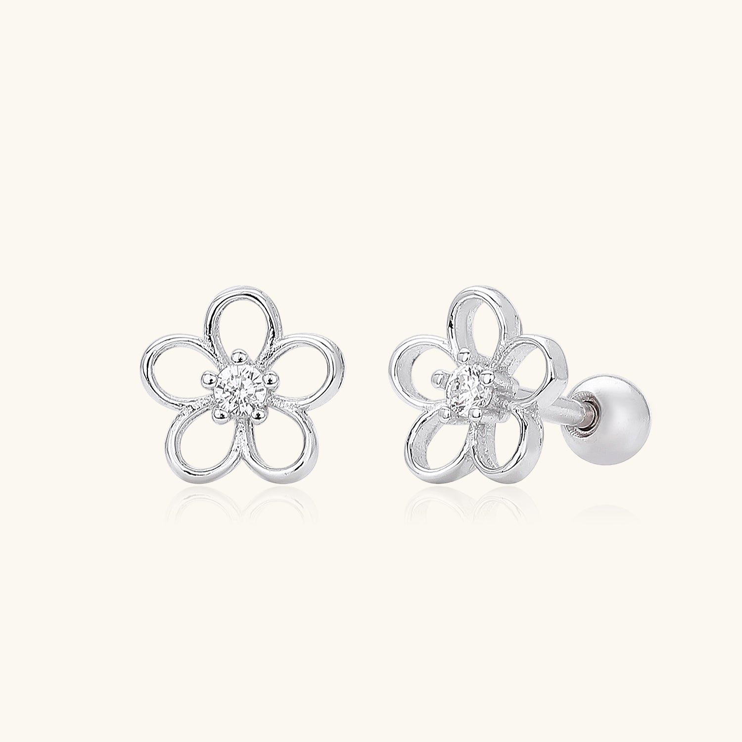 Diamond Flower Stud Earrings - Silver
