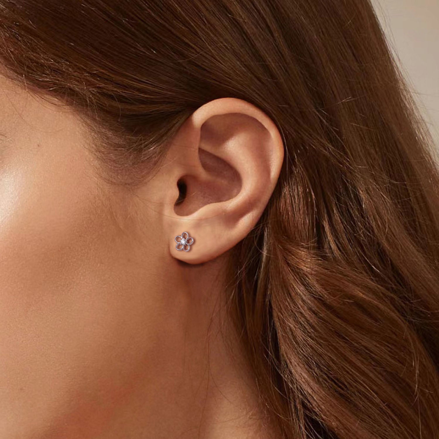 Diamond Flower Stud Earrings - Silver