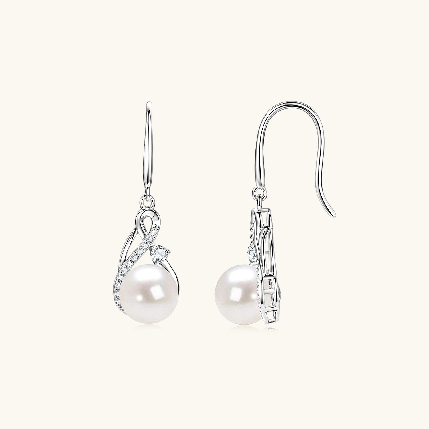 Diamond Freshwater Pearl Drop Earrings - Silver
