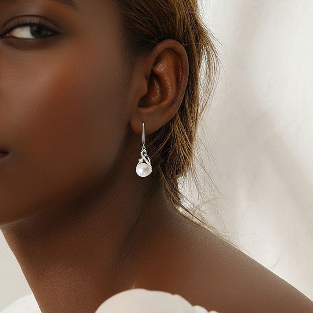 Diamond Freshwater Pearl Drop Earrings - Silver