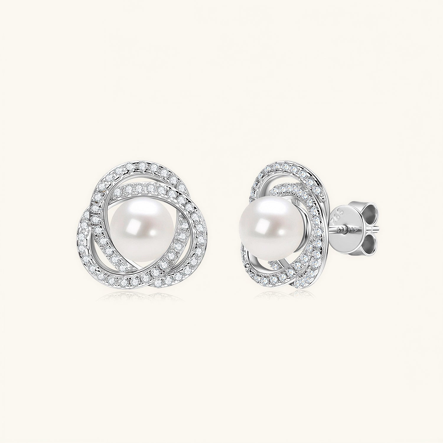 Diamond Freshwater Pearl Flower Stud Earrings - Silver
