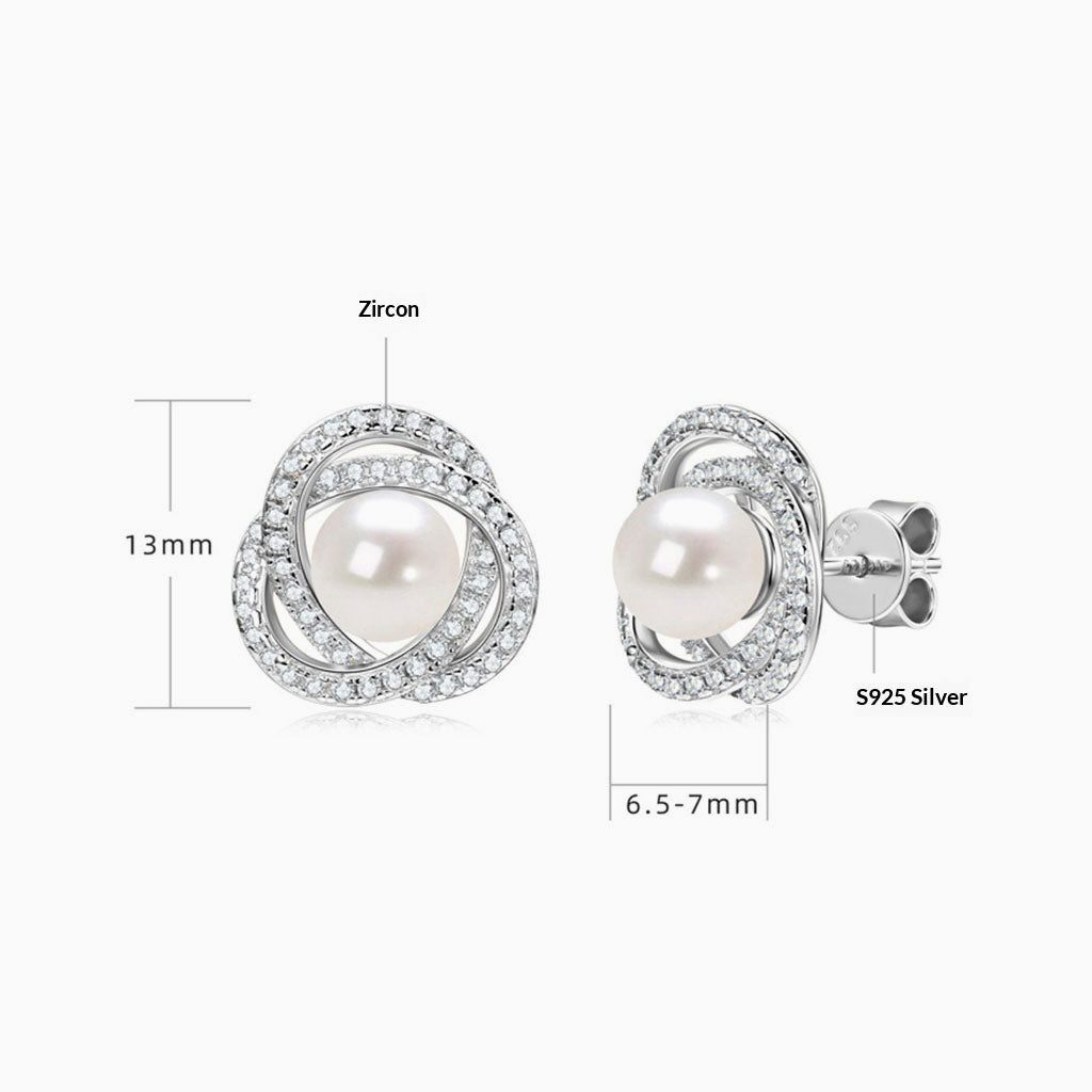 Diamond Freshwater Pearl Flower Stud Earrings - Silver