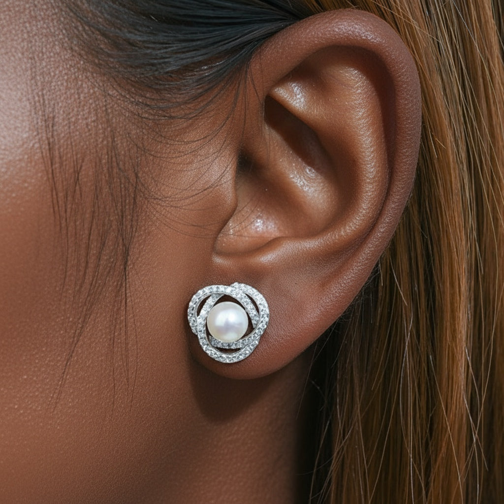 Diamond Freshwater Pearl Flower Stud Earrings - Silver