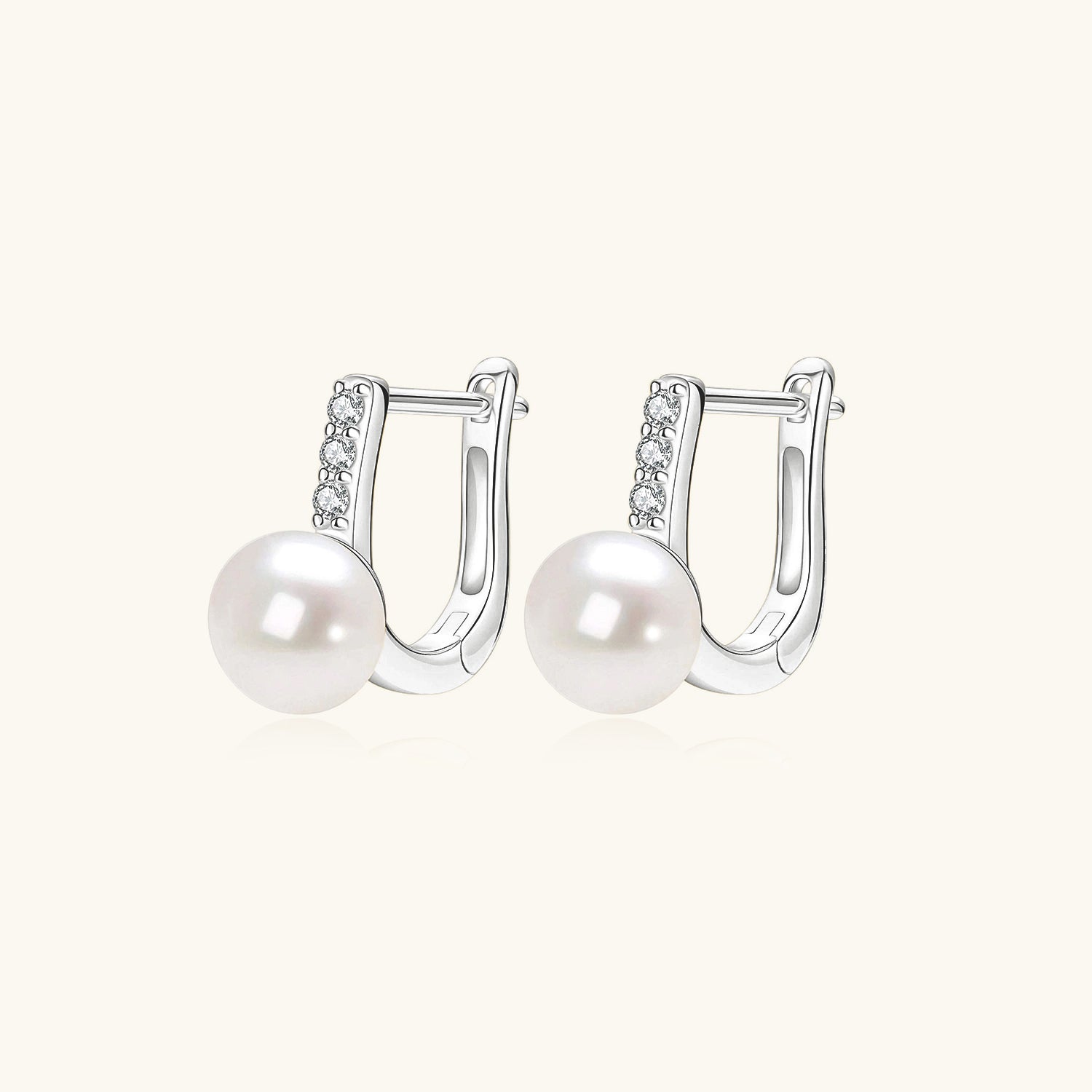Diamond Freshwater Pearl Huggie Hoop Earrings - Silver