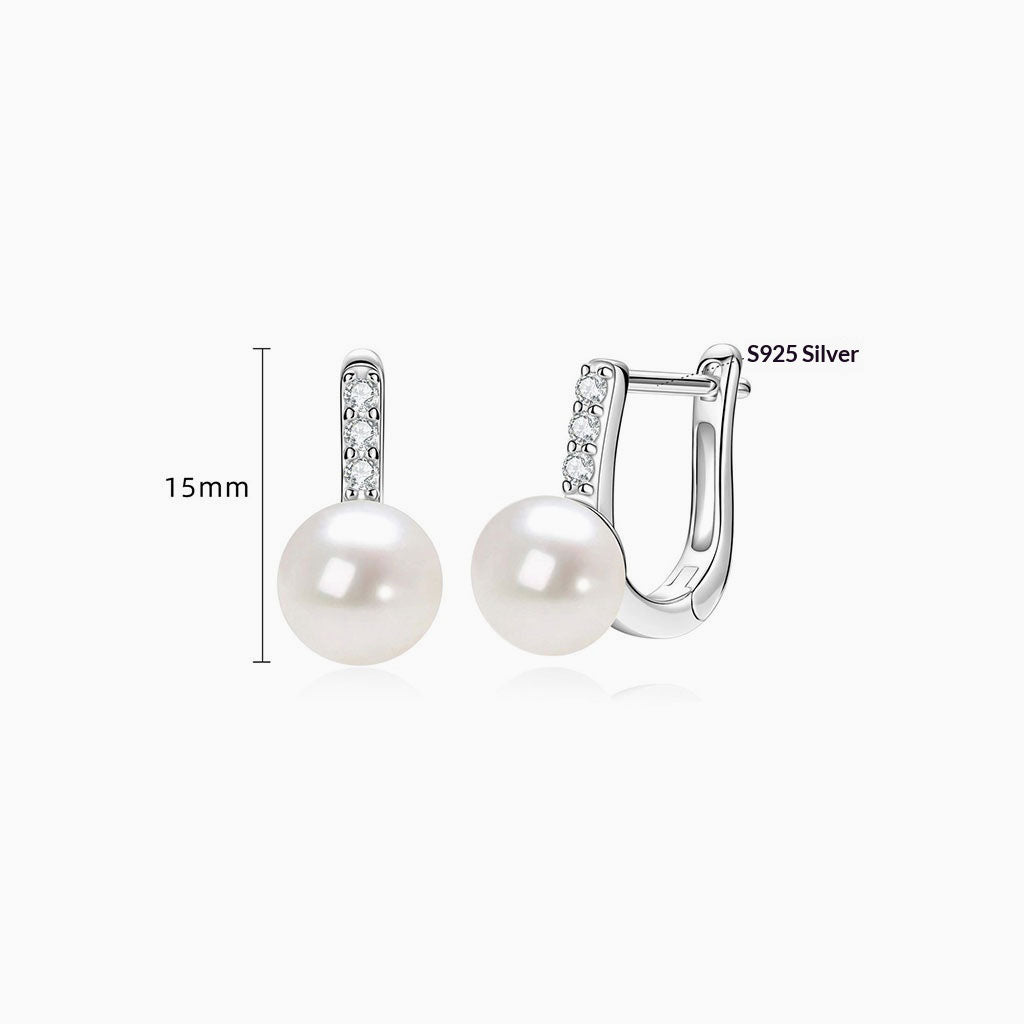 Diamond Freshwater Pearl Huggie Hoop Earrings - Silver