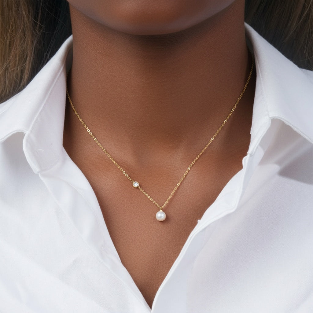 Simulated Diamond Freshwater Pearl Pendant Necklace - Gold