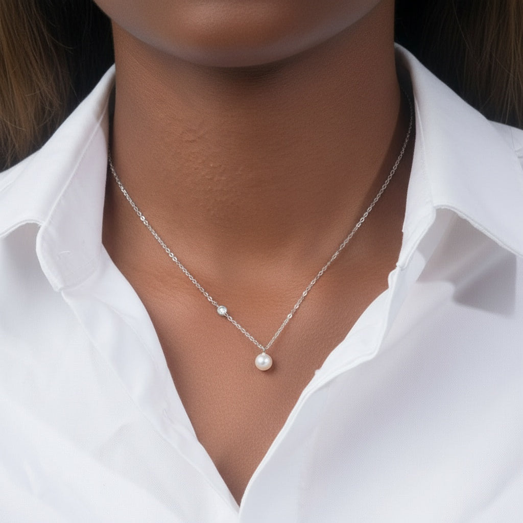 Diamond Freshwater Pearl Pendant Necklace - Silver