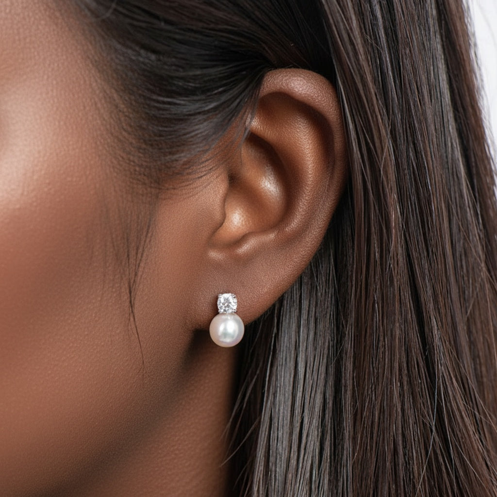 Simulated Diamond Freshwater Pearl Stud Earrings - Silver