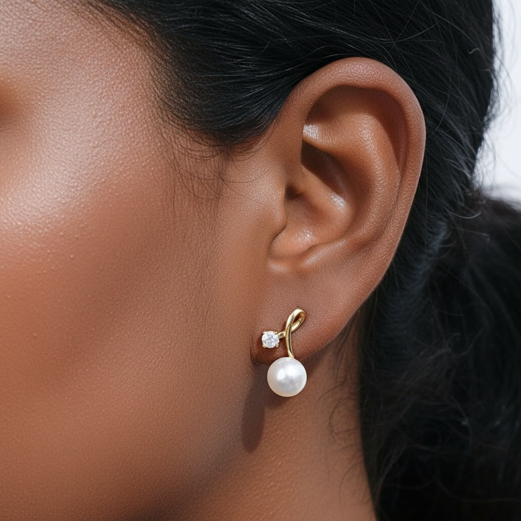 Diamond Freshwater Pearl Twisted Drop Earrings - Gold