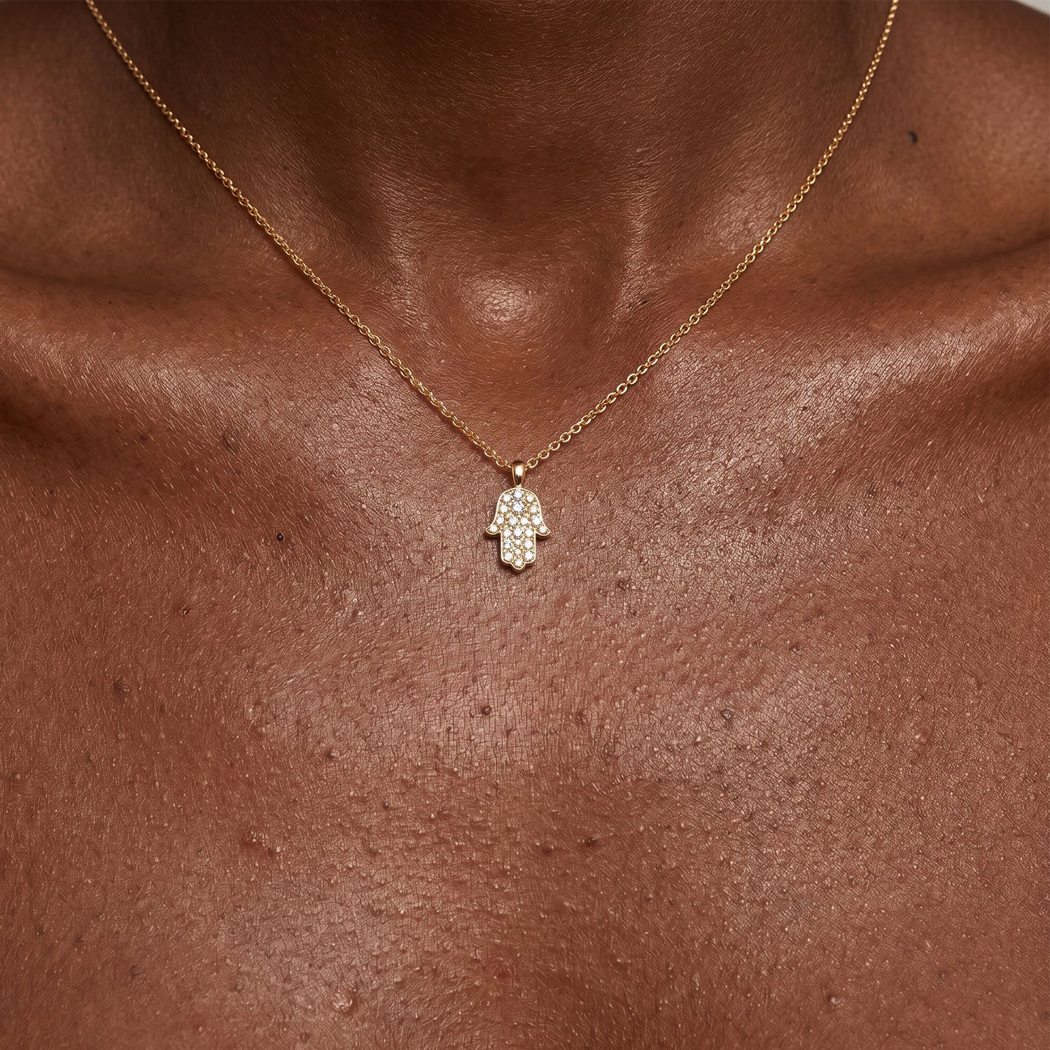 Diamond Hamsa Hand Pendant Necklace - Gold