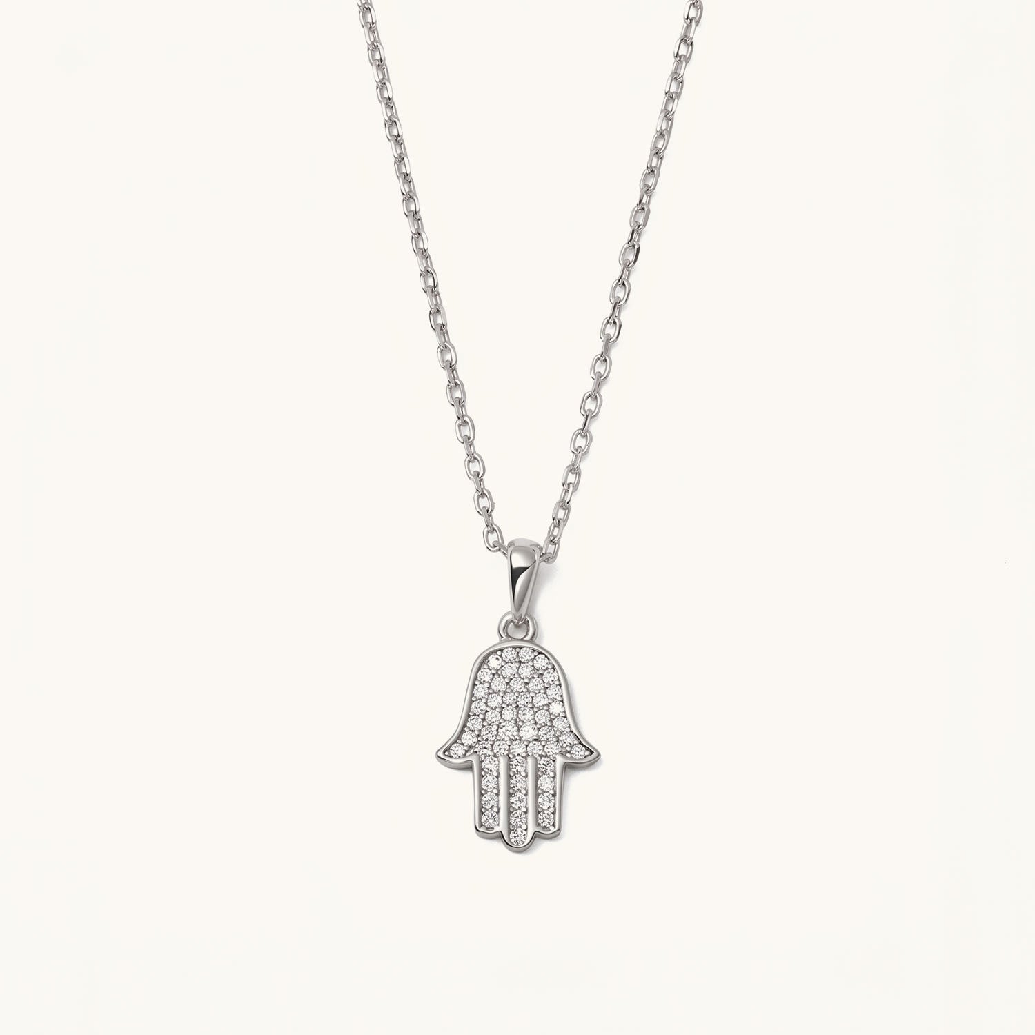 Diamond Hamsa Hand Pendant Necklace - Silver