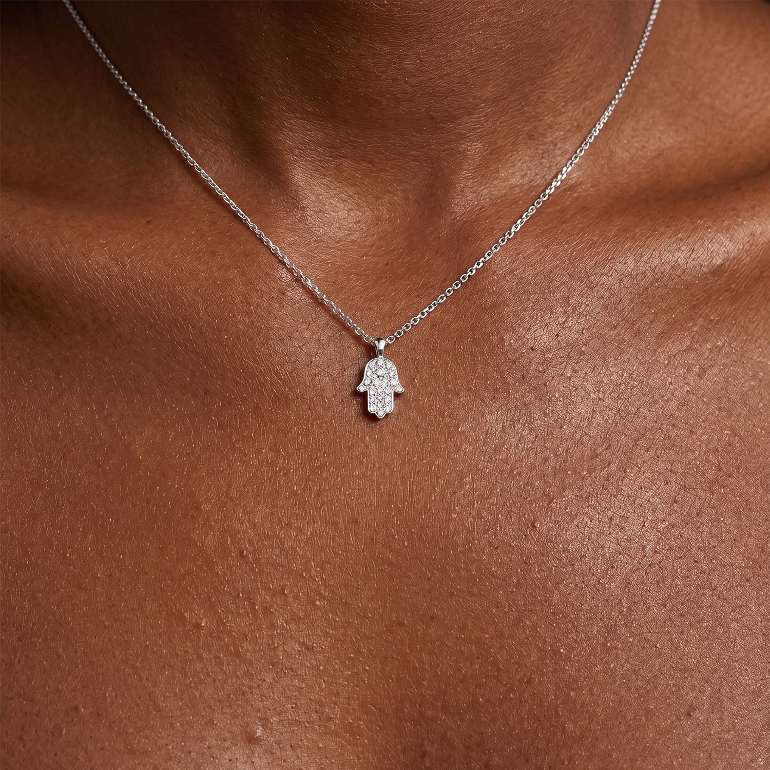 Diamond Hamsa Hand Pendant Necklace - Silver
