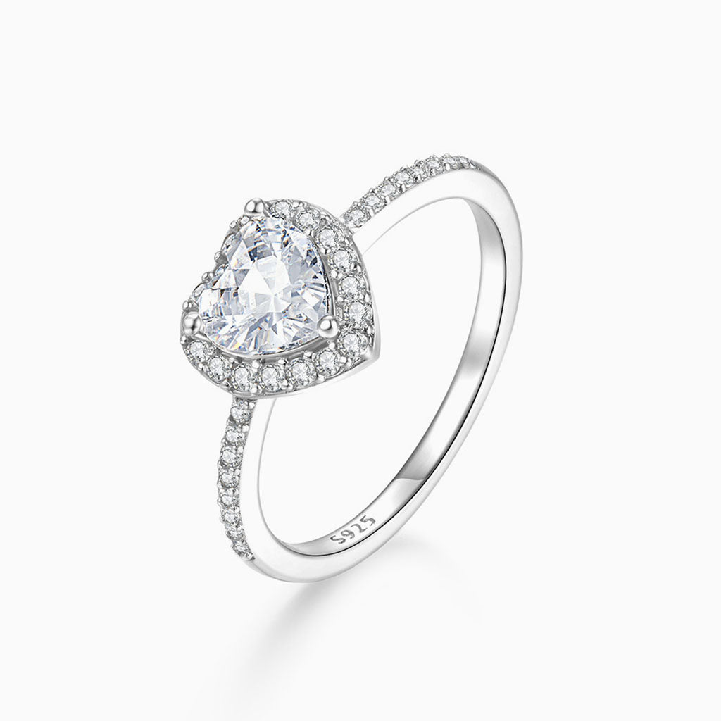 Diamond Heart Halo Half Eternity Ring - Silver