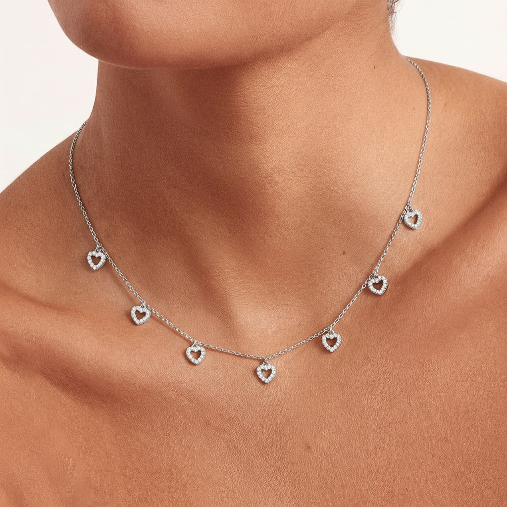 Diamond Heart Station Necklace - Silver