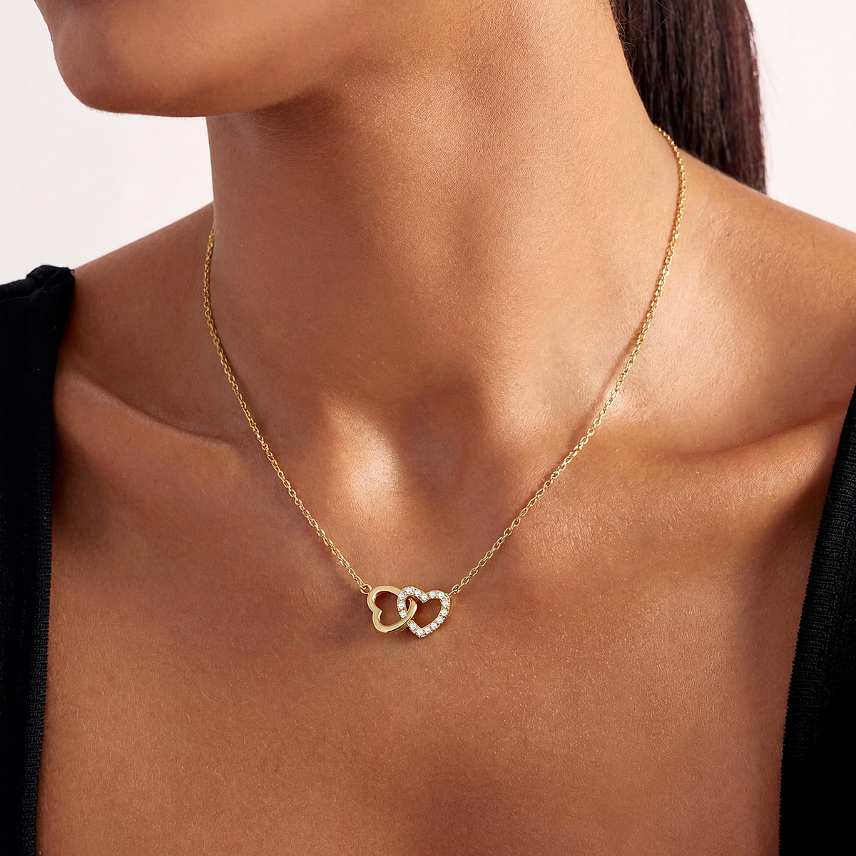 Simulated Diamond Interlocking Heart Necklace - Gold