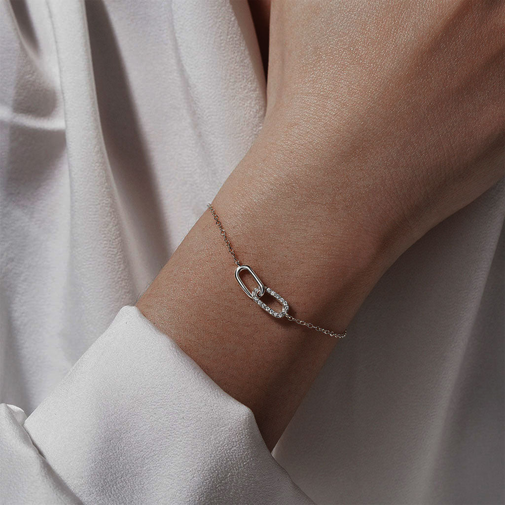Simulated Diamond Interlocking Link Bracelet - Silver