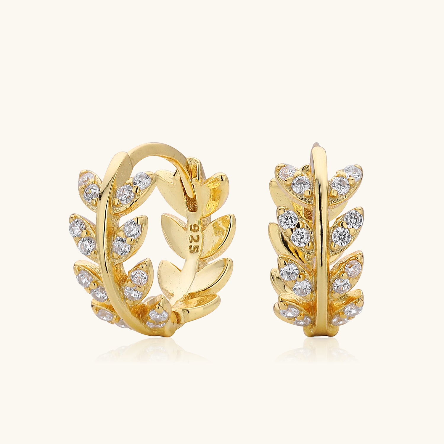 Diamond Leaf Huggie Hoop Earrings - Gold