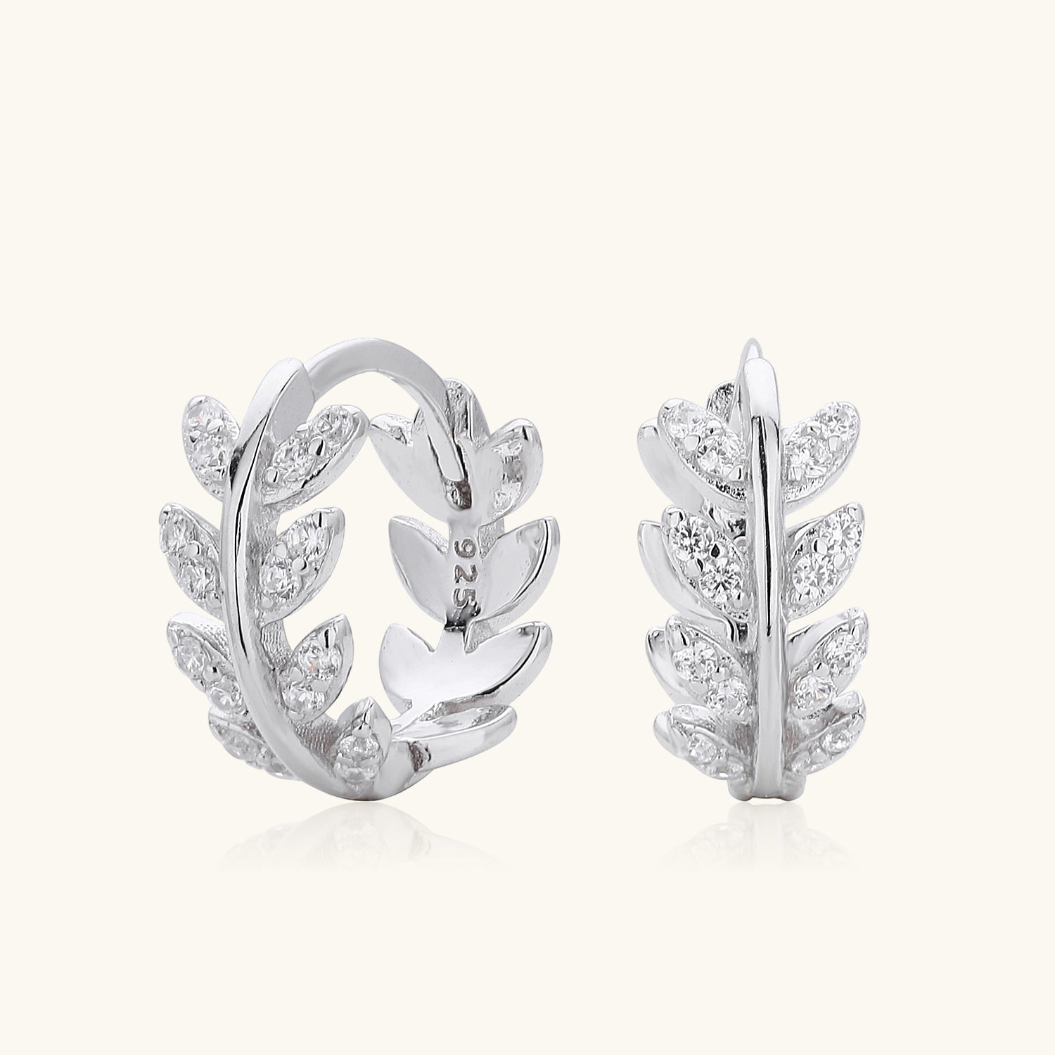 Diamond Leaf Huggie Hoop Earrings - Silver