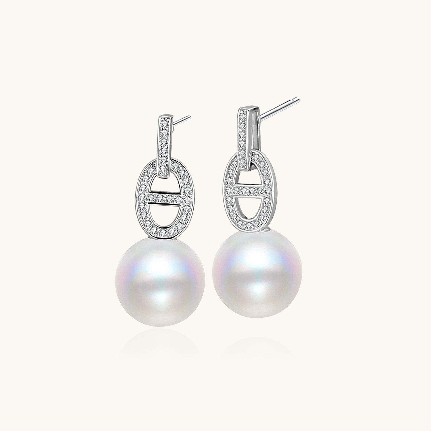 Diamond Mariner Link Pearl Drop Earrings - Silver
