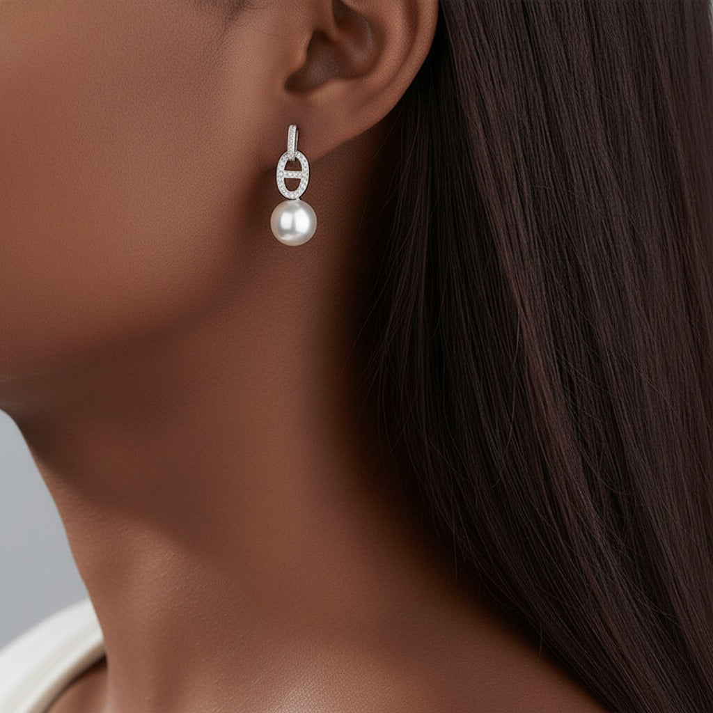 Diamond Mariner Link Pearl Drop Earrings - Silver