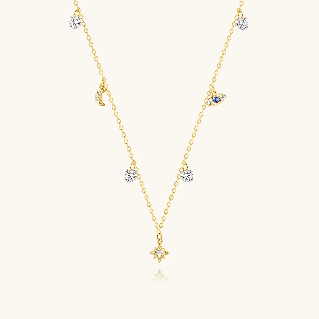 Diamond Moon and Star Evil Eye Necklace - Gold