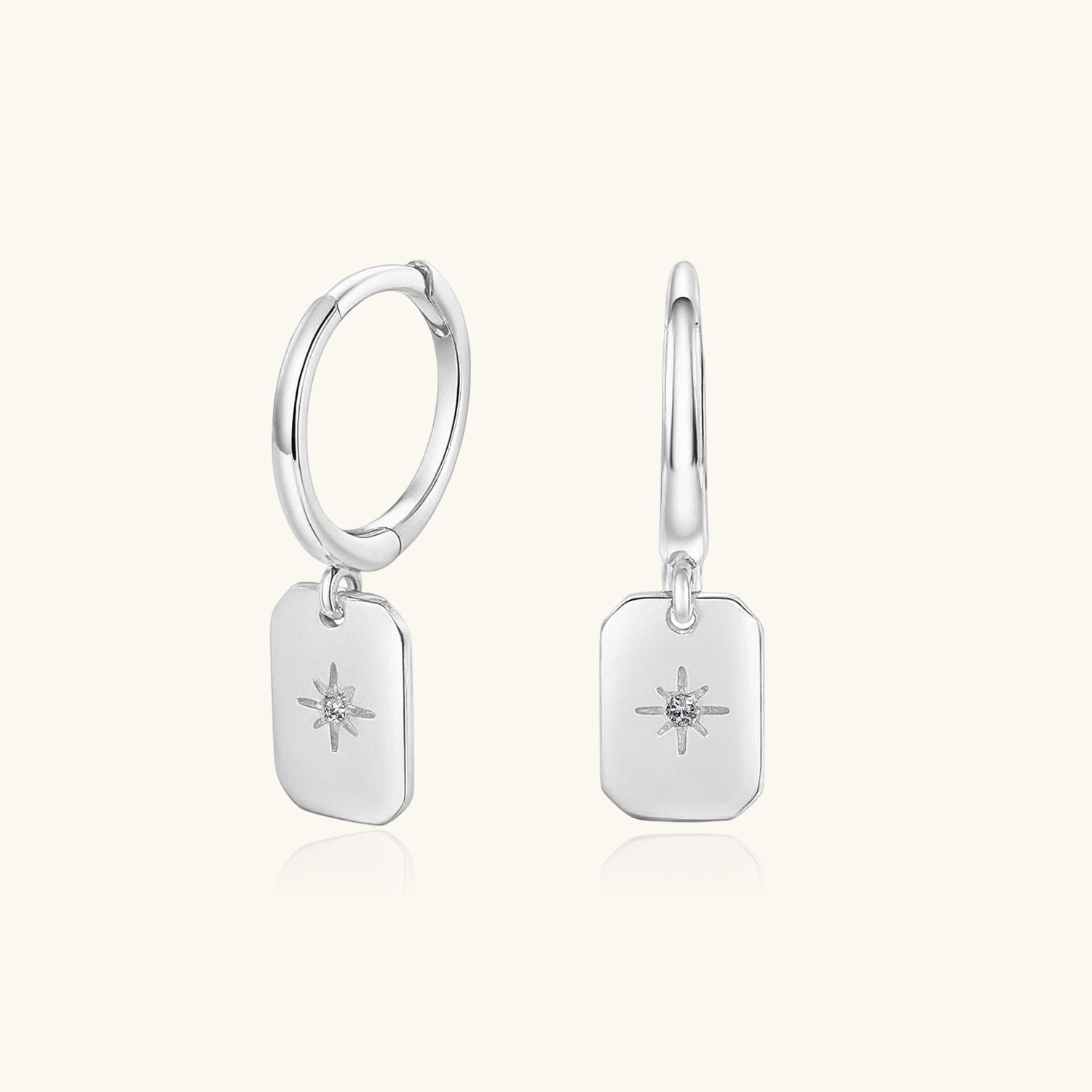 Diamond North Star Tag Huggie Hoop Earrings - Silver