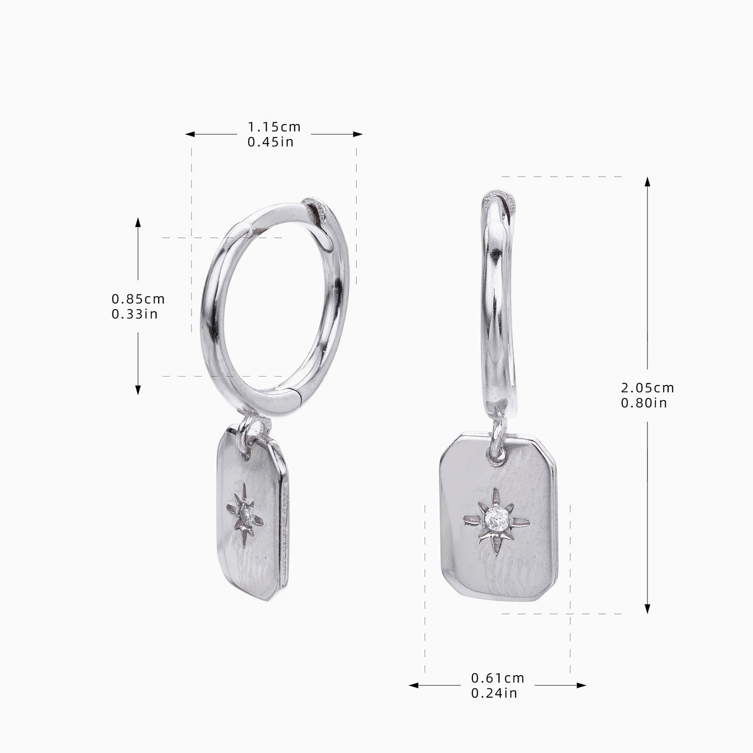 Diamond North Star Tag Huggie Hoop Earrings - Silver