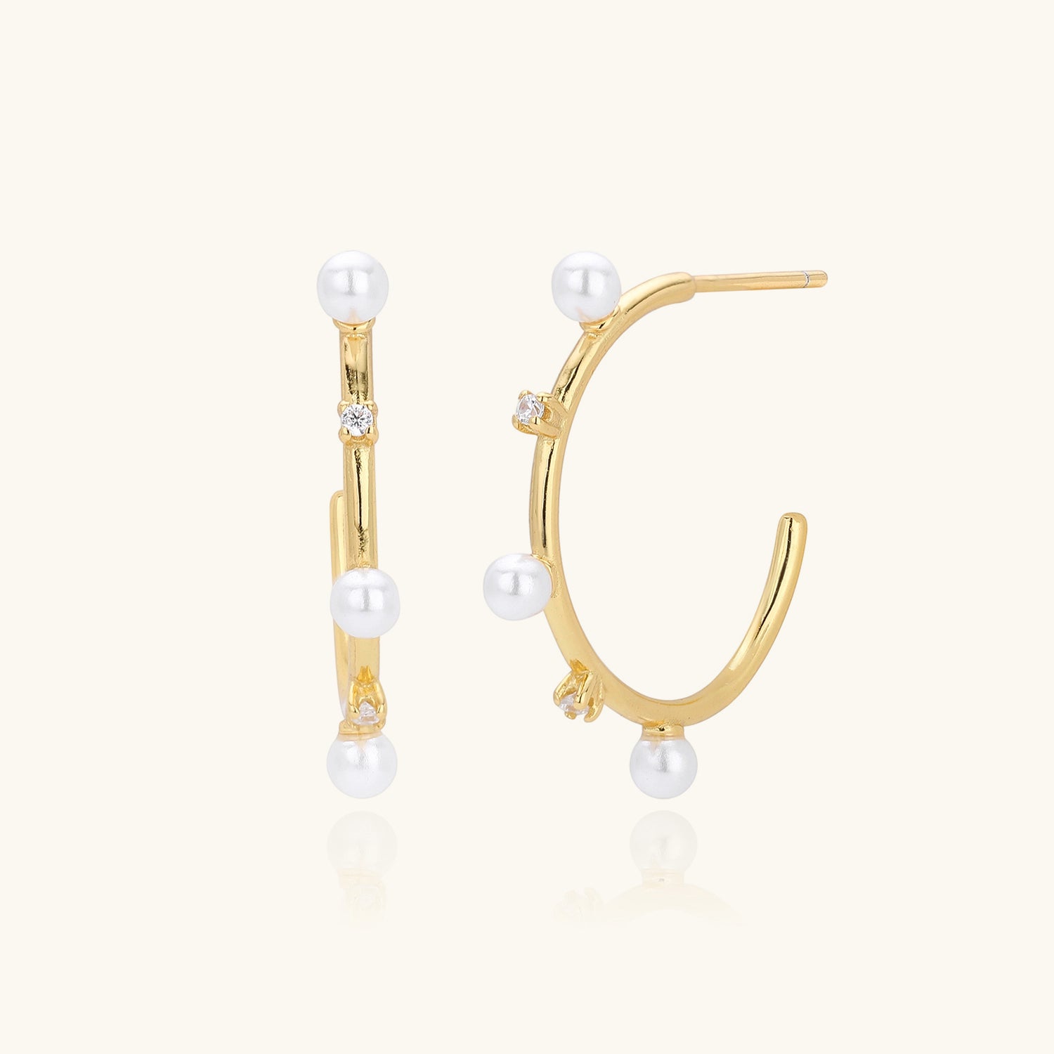 Diamond Pearl C Hoop Earrings - Gold