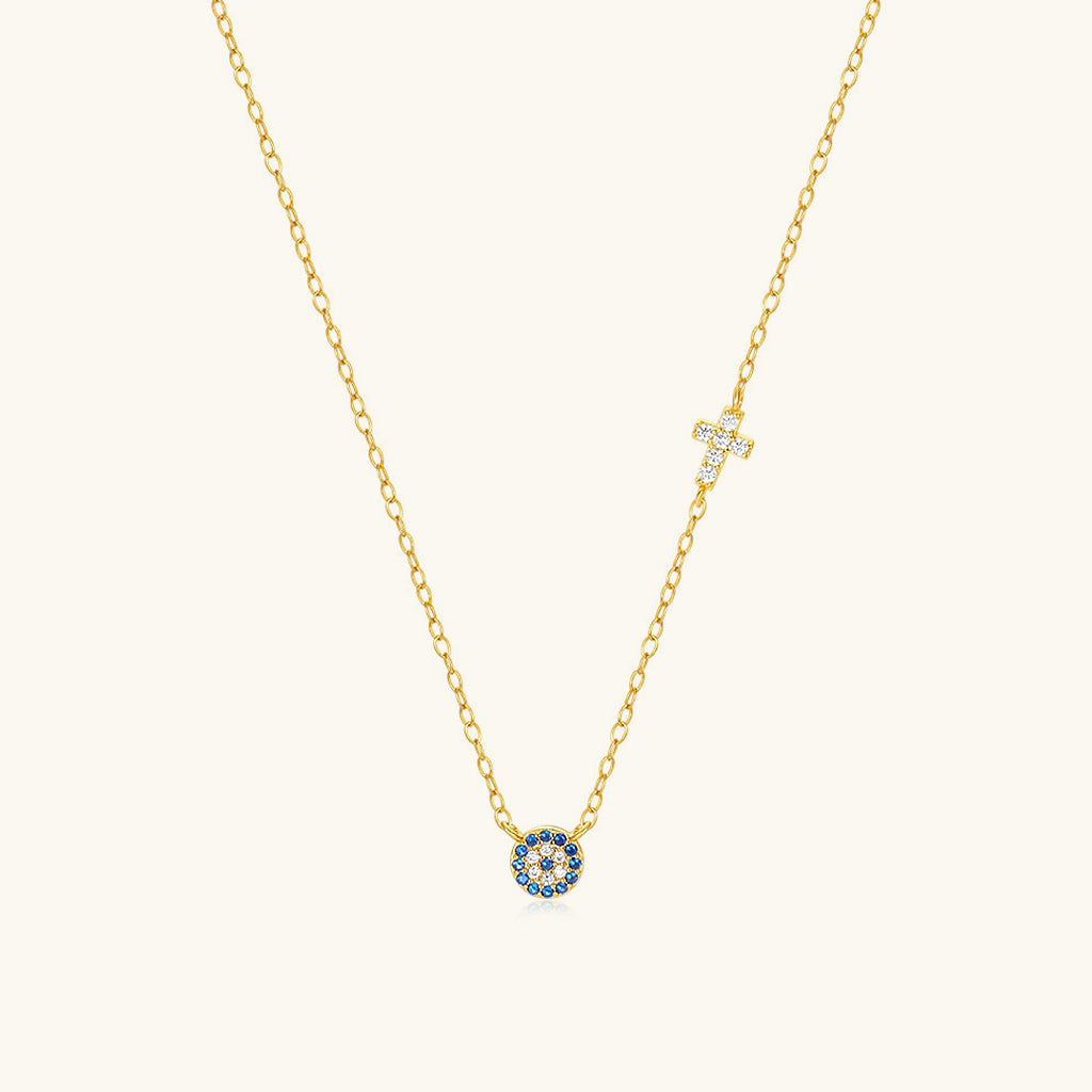 Diamond Sideways Cross Evil Eye Necklace - Gold