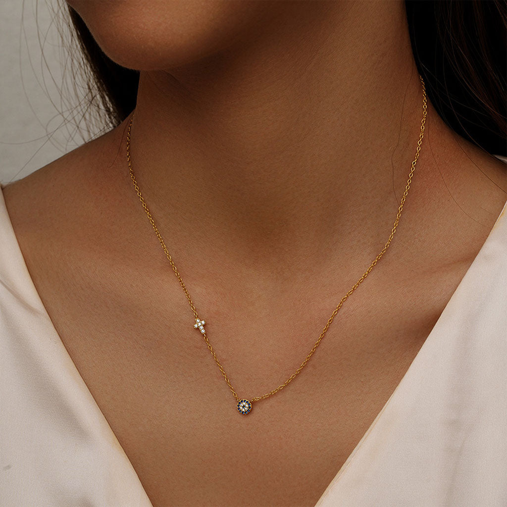 Diamond Sideways Cross Evil Eye Necklace - Gold