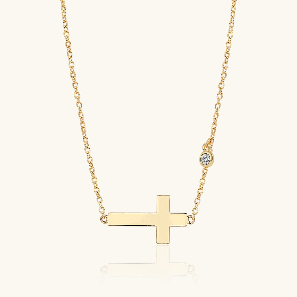 Diamond Sideways Cross Necklace - Gold