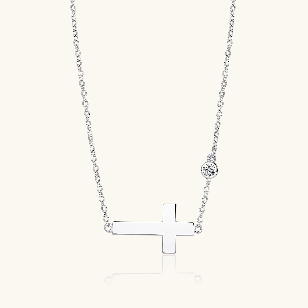 Diamond Sideways Cross Necklace - Silver