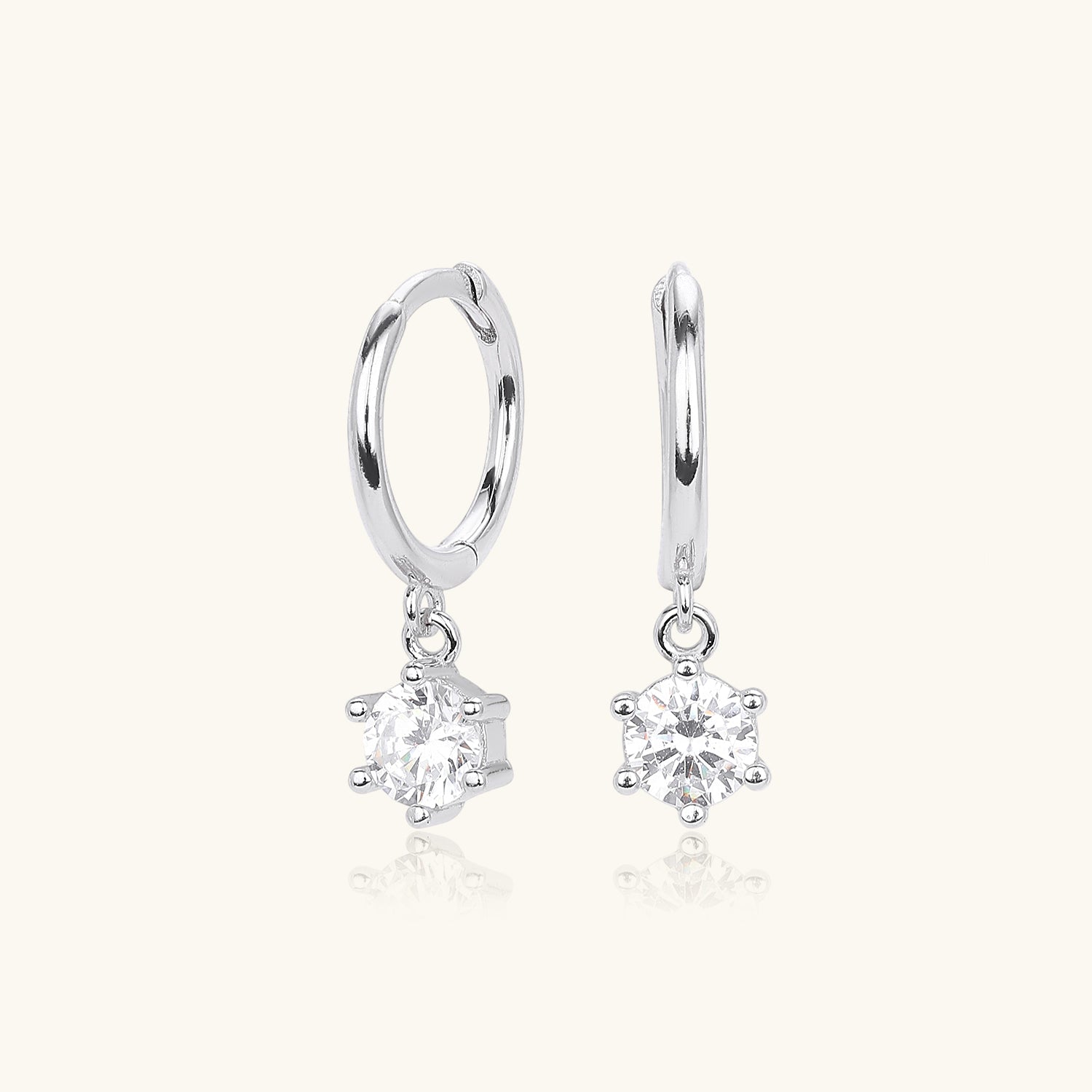 Diamond Solitaire Drop Huggie Hoop Earrings - Silver