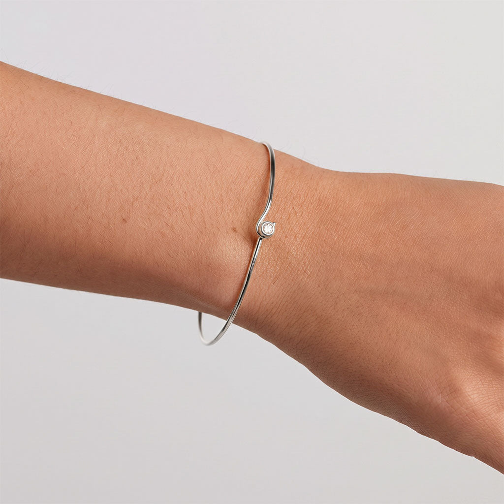 Diamond Solitaire Hook Bangle Bracelet - Silver