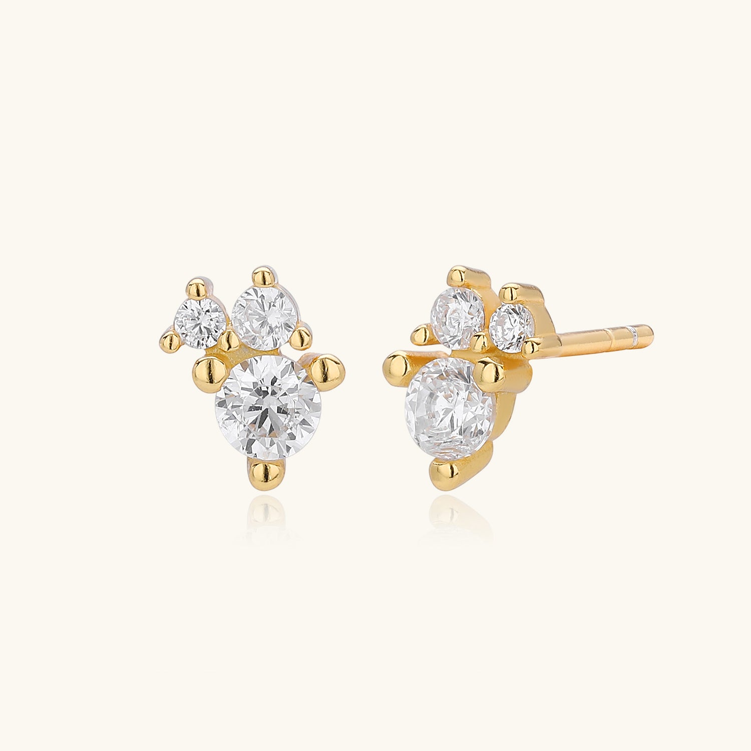 Diamond Three Stone Stud Earrings - Gold
