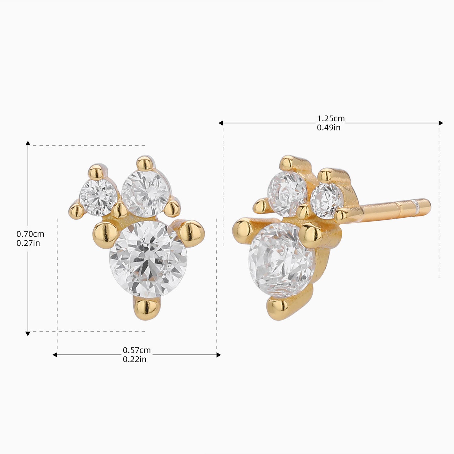 Diamond Three Stone Stud Earrings - Gold