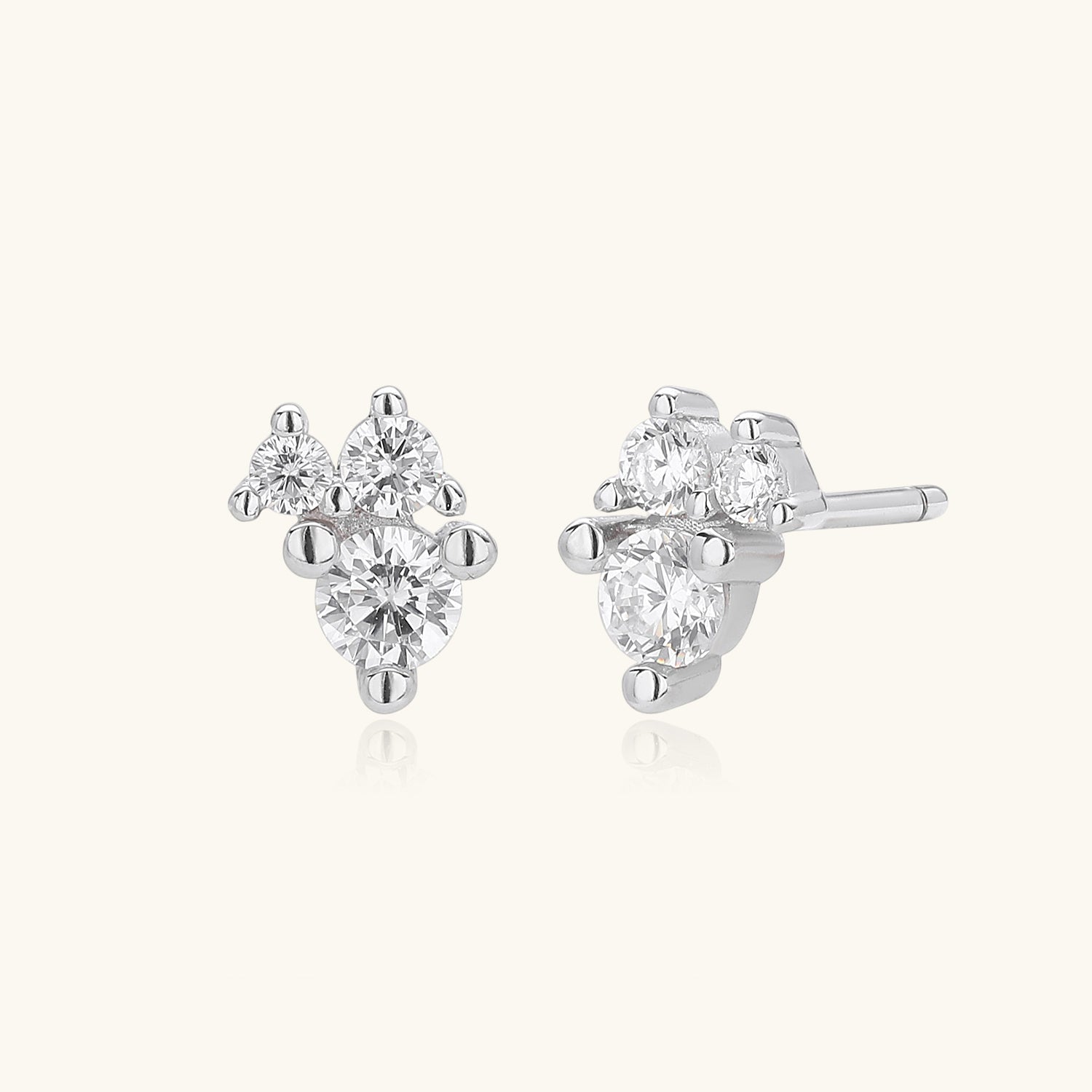 Diamond Three Stone Stud Earrings - Silver