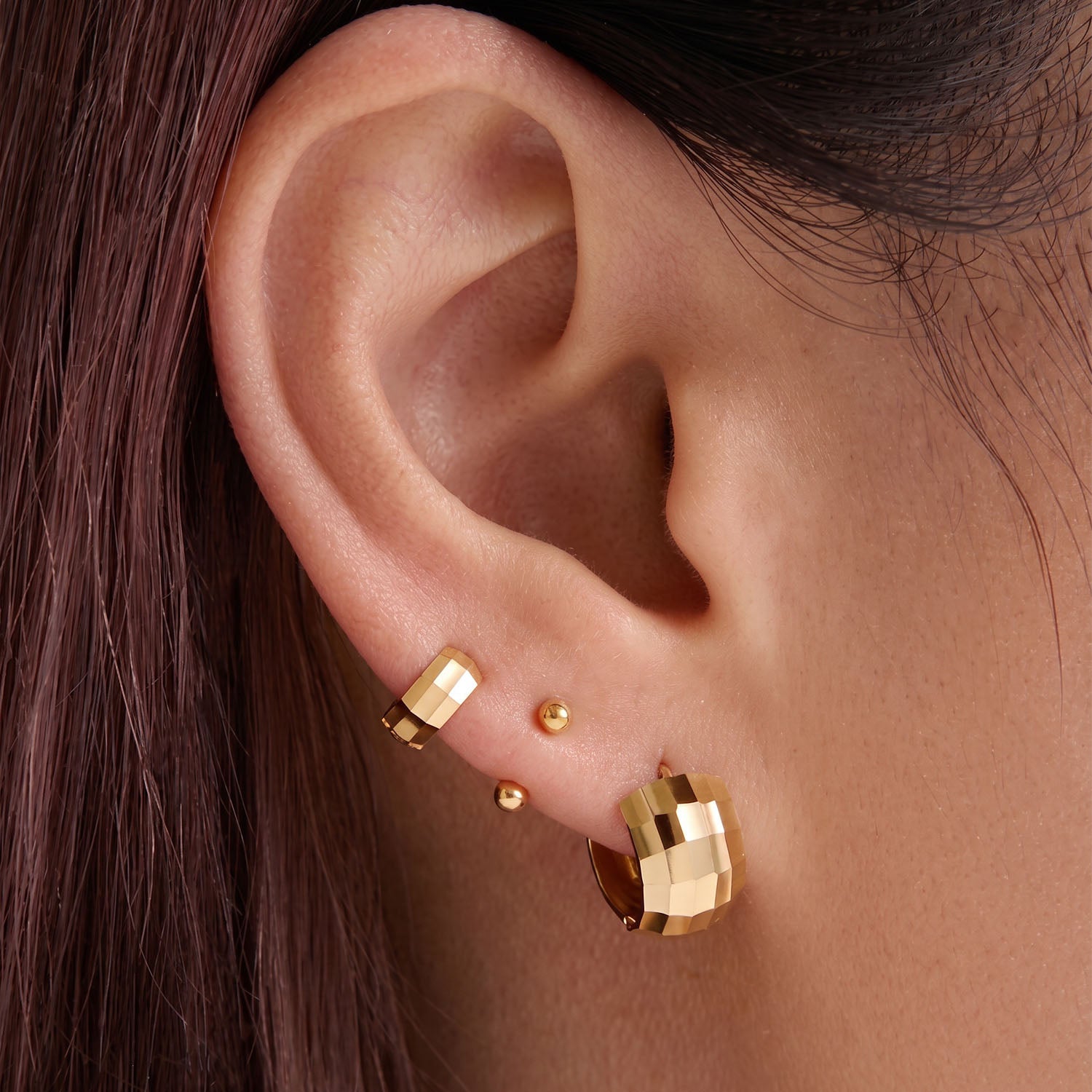 Double Ball U Hoop Huggie Earrings - Gold