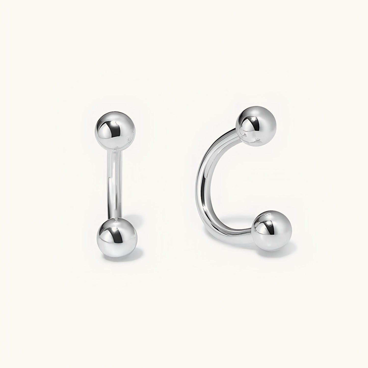 Double Ball U Hoop Huggie Earrings - Silver