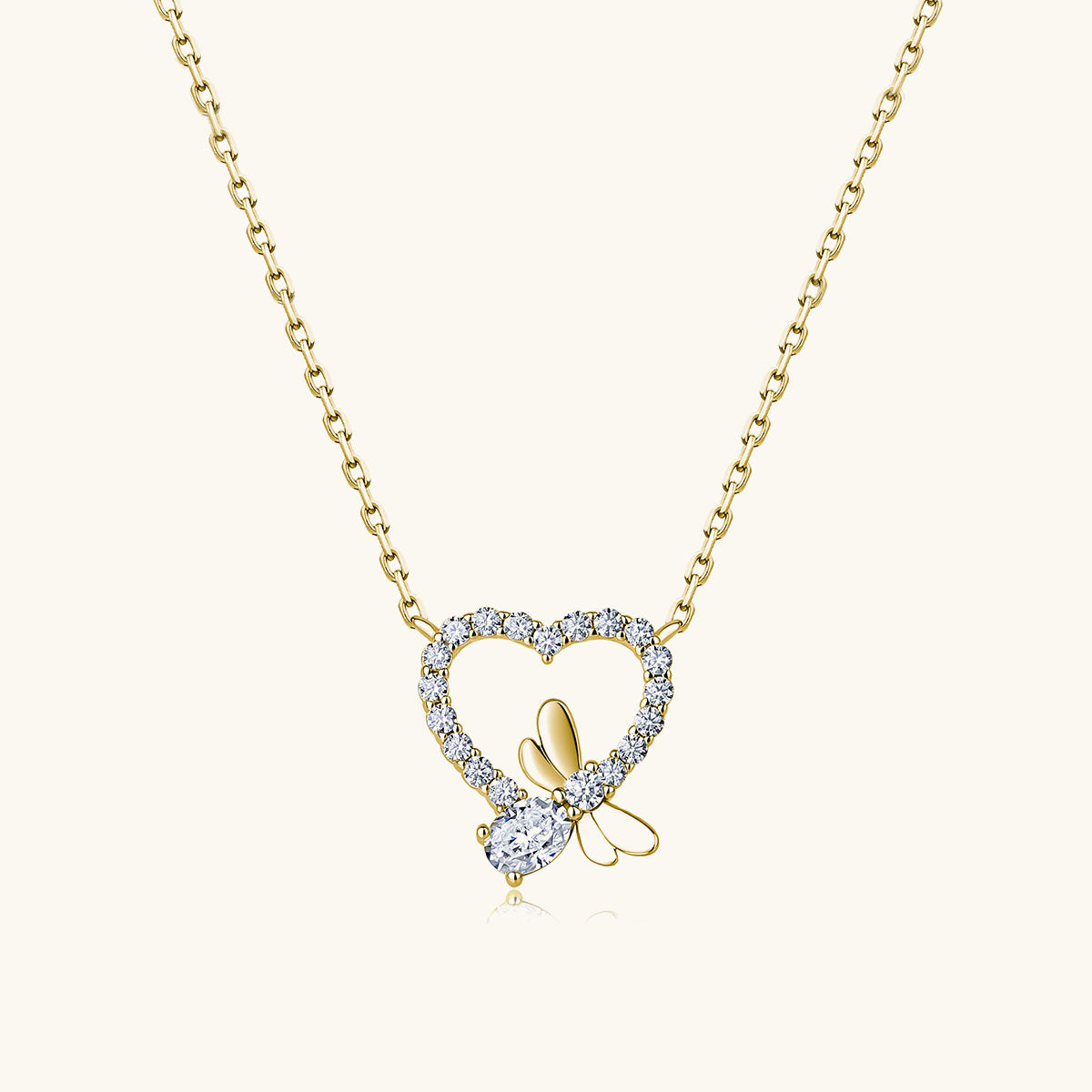 Dragonfly Heart Moissanite Pendant Necklace - Gold