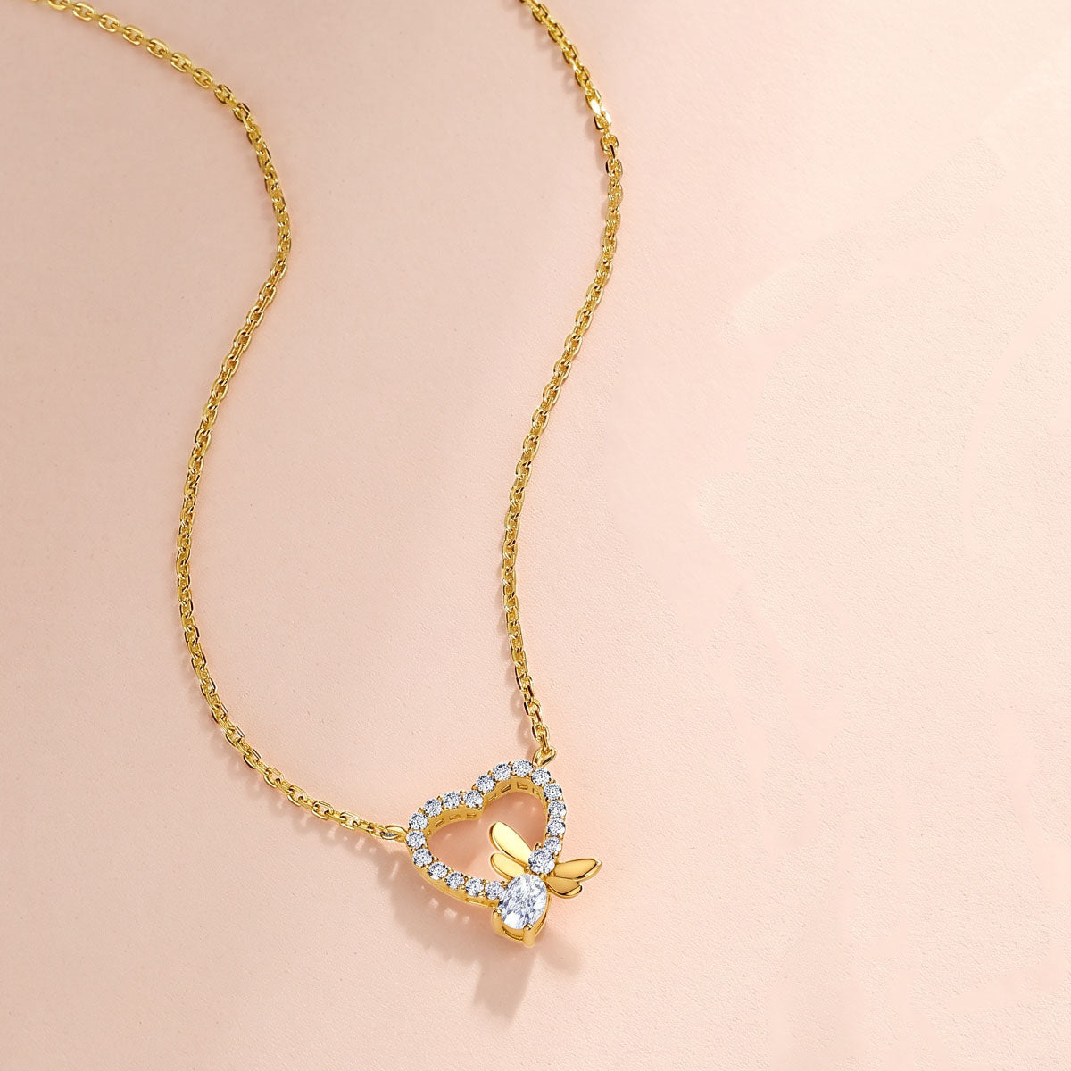 Dragonfly Heart Moissanite Pendant Necklace - Gold