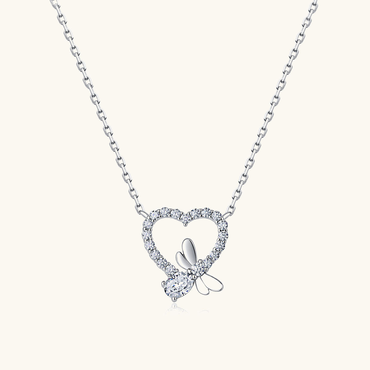 Dragonfly Heart Moissanite Pendant Necklace - Silver