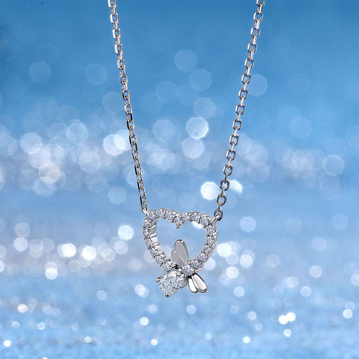 Dragonfly Heart Moissanite Pendant Necklace - Silver