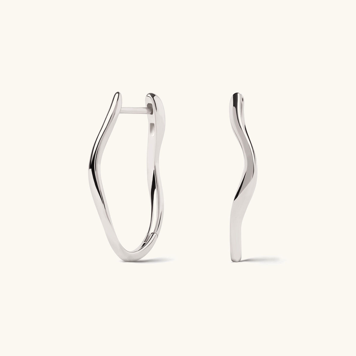 Elongated Slim Wave Hoop Earrings - Silver