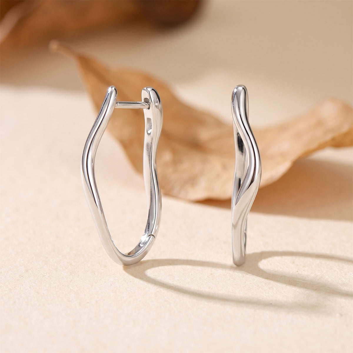 Elongated Slim Wave Hoop Earrings - Silver