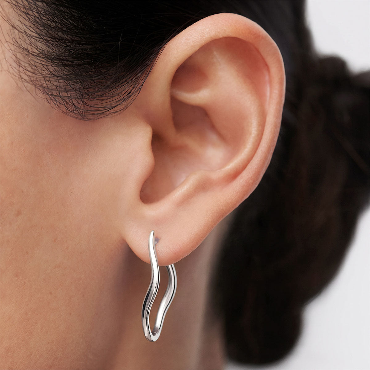 Elongated Slim Wave Hoop Earrings - Silver