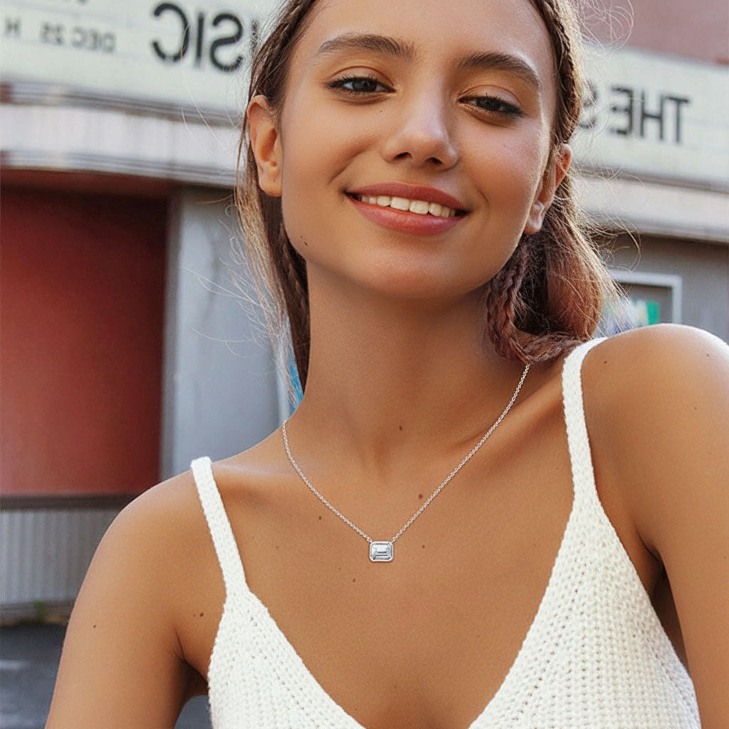 Emerald Cut Moissanite Pendant Necklace - Silver